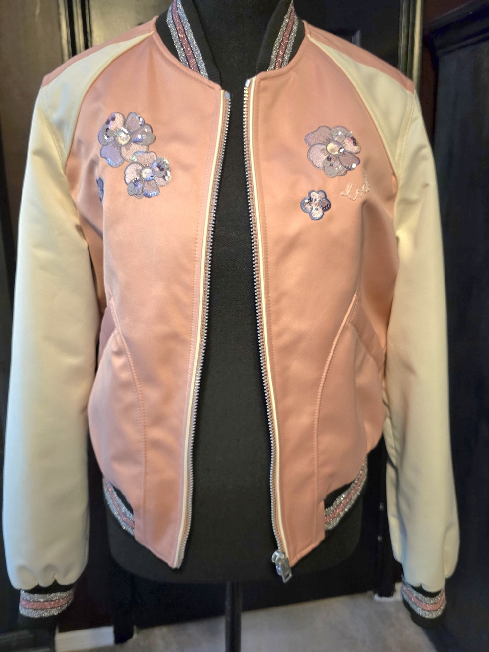 Coach Pink Floral Varsity Bomber Jacket + Matching Wristlet Bundle Medium - Picture 4 of 16